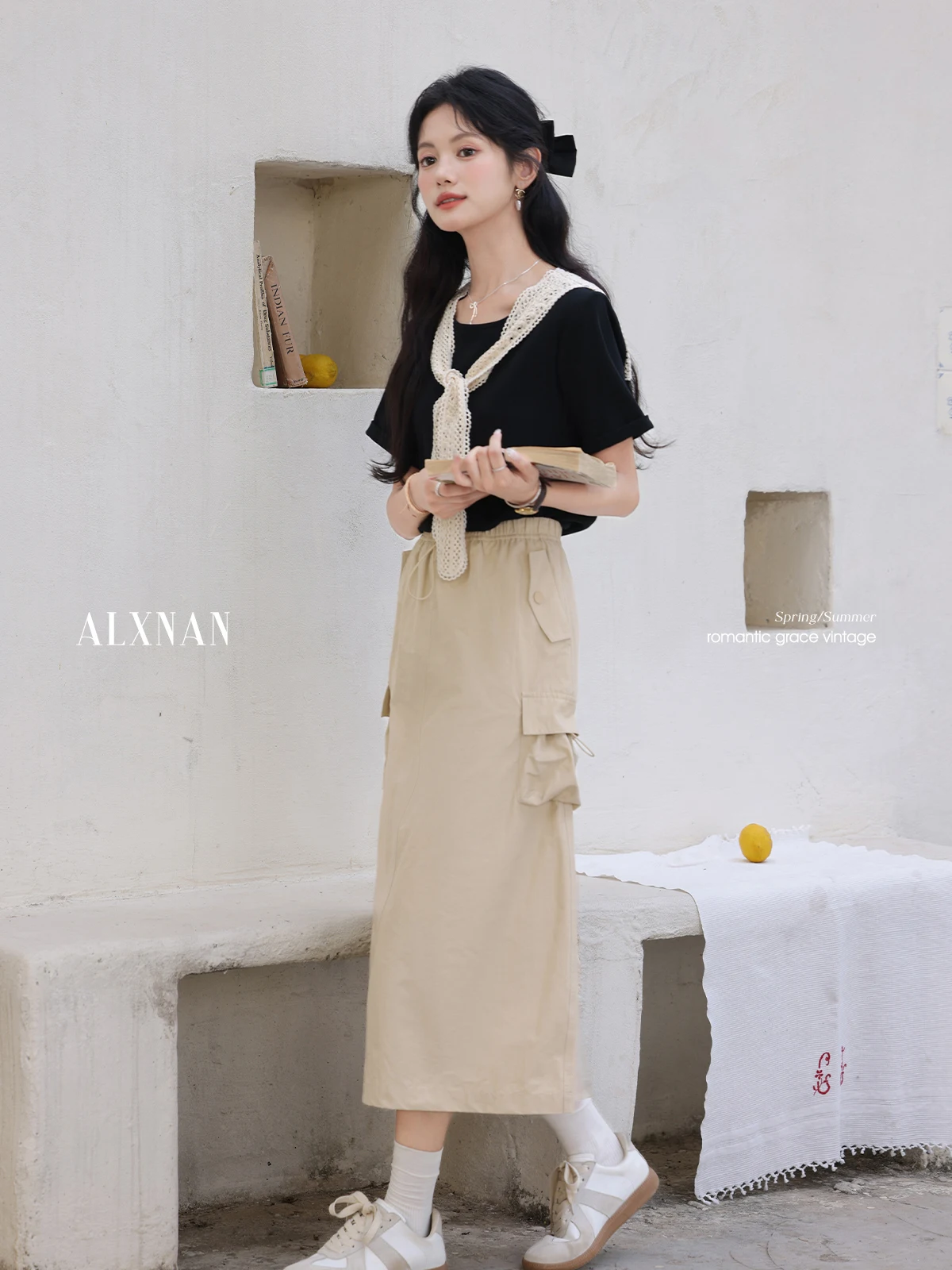 ALXNAN Women's Skirt Apricot Elegant Loose-fit A-line Workwear Skirt 2025 Summer Casual Office Lady with Pocket Clothing L55718