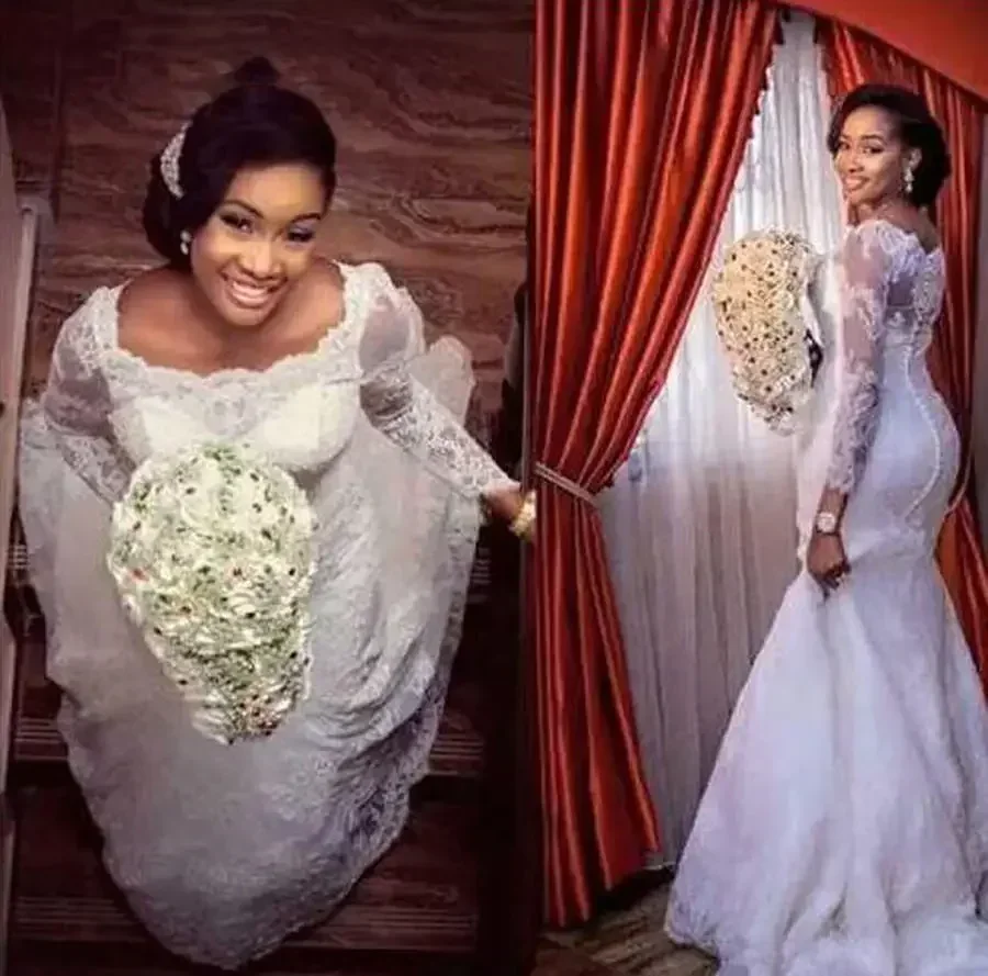Customized Mermaid Wedding Dresses Long Sleeves Bridal Gowns Elegant African Women Custom Made Plus Size Bride Vestidos