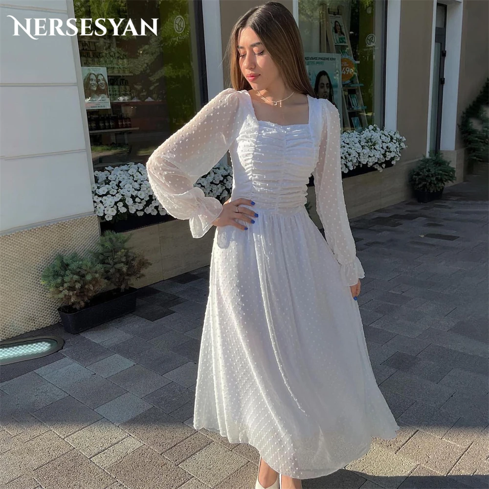 

Nersesyan Dotted Elegant Evening Dresses Square Collar A-Line Lantern Sleeves Prom Dress Ankle Length Graduation Party Gowns