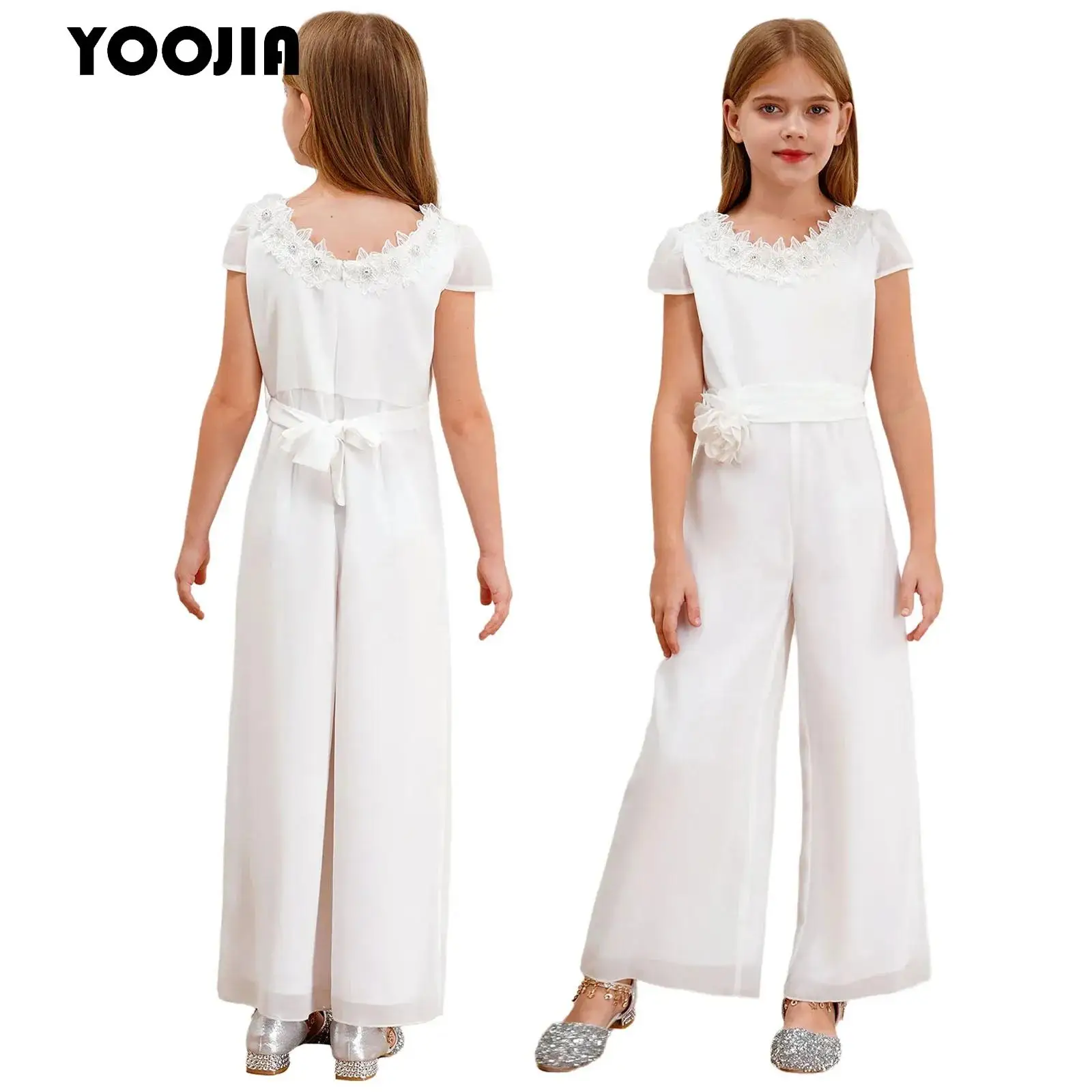 

Kids Girls 3D Flower Jumpsuit Elegant Party Bodysuit Sleeveless Evening Birthday Wedding Pageant Wide Leg Pants Playsuit Romper