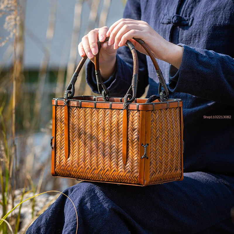 Chinese Style Teacup Japanese-style Bamboo Woven Storage Bags Handmade Retro Basket Teapot Travel Outdoor Tea Cozies