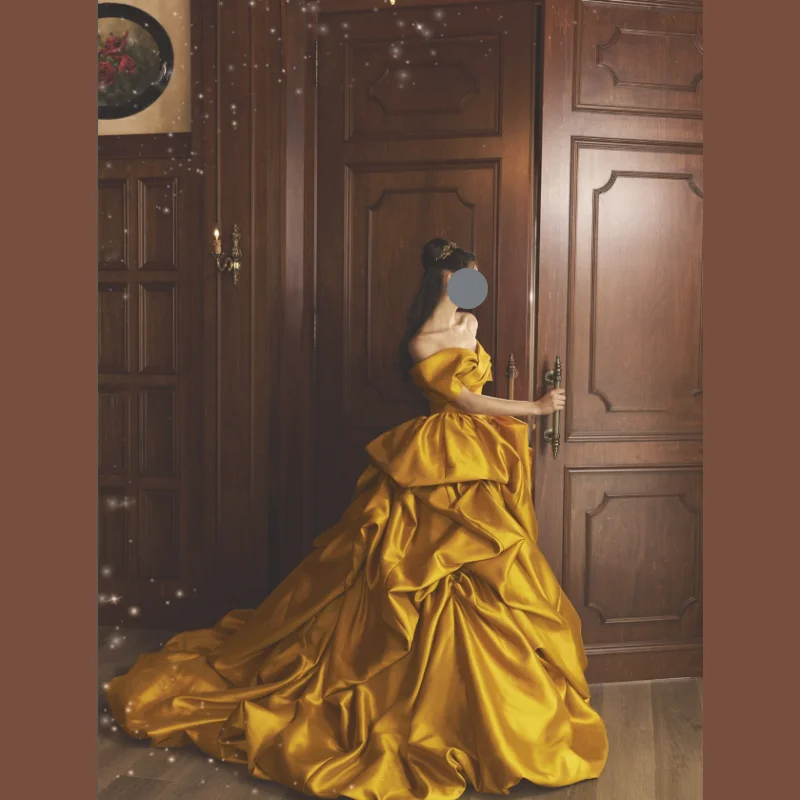 Customized Elegant Princess Yellow Wedding Dress Off The Shoulder Satin Medieval Victorian Pleated Bridal Gowns vestidos de novi