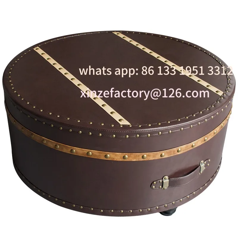 

American coffee table leather living room retro leather box coffee table hotel round small coffee table B & B creative small rou