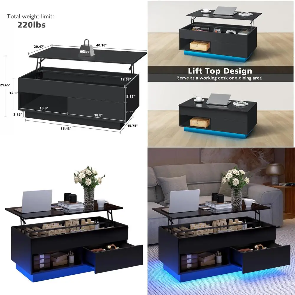 

Современный 40-дюймовый глянцевый трехъярусный журнальный столик со светодиодной подсветкой, местом для хранения и скрытым отделением