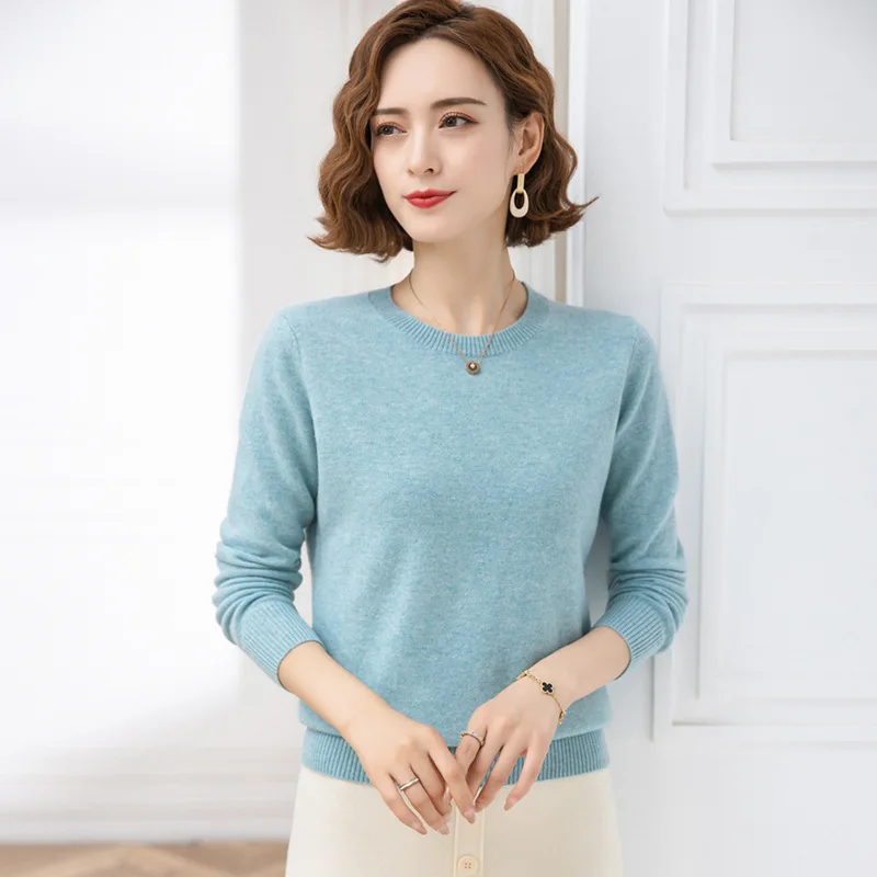

Women'S Wool Sweater Round Neck Middle-Aged Autumn Winter Short Simple Slim Wool Inner Wear Solid Color Base Sweater Women