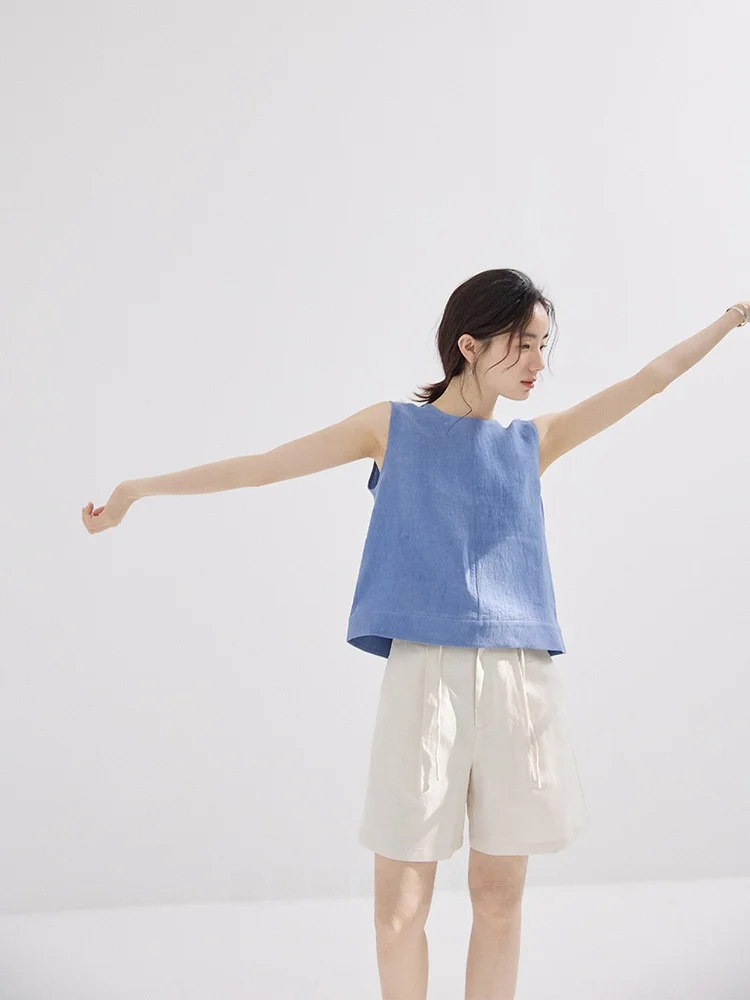  Linen Sleeveless Top Casual Summer New Arrival 2025 Women's Fashion Outerwear Short Length Pure Color Vest