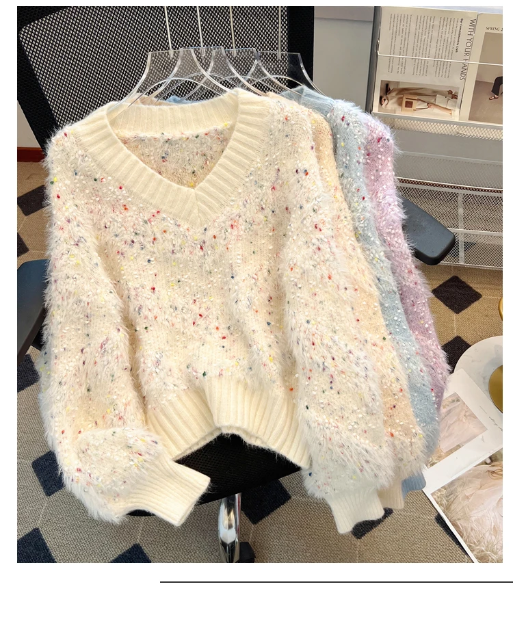 2024 Autumn and Winter  New Europe Style Popular Beautiful Colorful Polka Dot V-neck Sweater Loose Short Top for Women