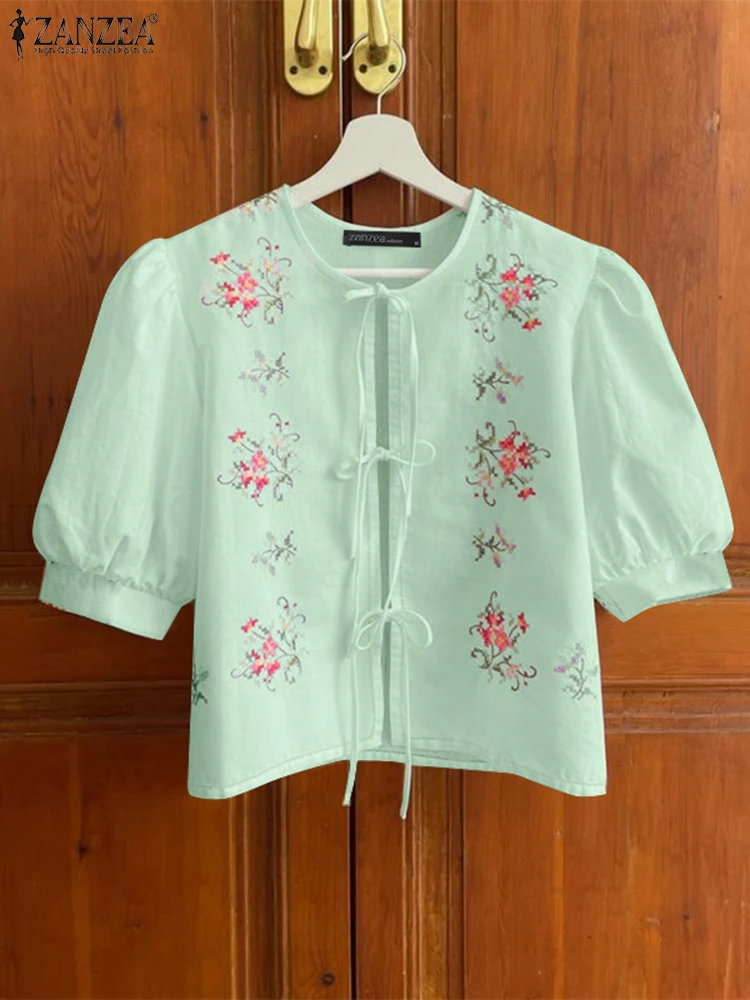 ZANZEA 여름 탑 여성 레이스 업 셔츠 2025 캐주얼 퍼프 슬리브 꽃 무늬 블라우스 빈티지 O 넥 블라우스 여름 OL 작업 튜닉