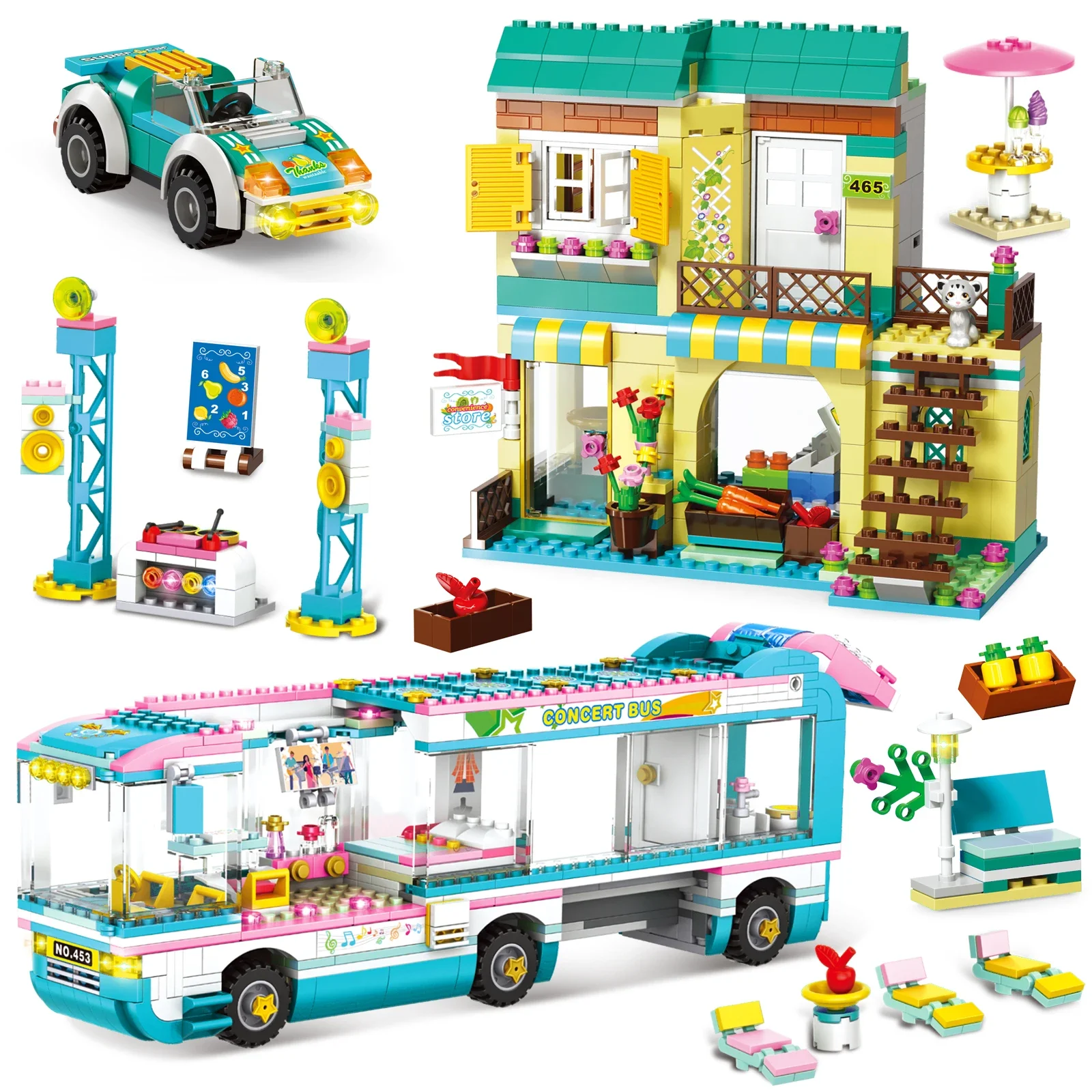

1193pcs Friends Concert Music Bus Building Block Set DIY Convenience Store Figures Bricks Toys With Storage Bucket Gift for Kids