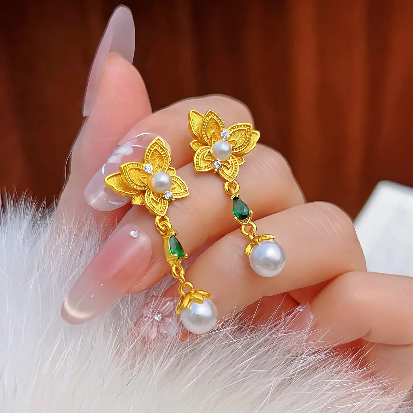 

Luxury 24K 9999 Pure Gold real gold Women's Chinese Pearl Double Butterfly Tassel Earrings
