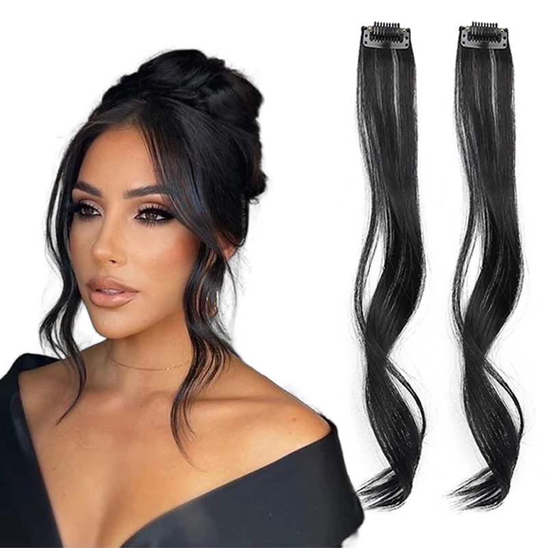 

Long Side Air Bangs 14inch Long Wavy Curly Clip in Bangs Front Side Bangs for Women Daily Use 2 PCS Synthetic Long Front Side