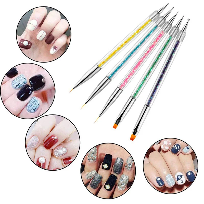 LULAA 2 In 1 Nail Art Dotting & Striping Pen Set Glitter Tube Handle Fine Line Brush DIY Nail Design Gel Polish Manicure Tools