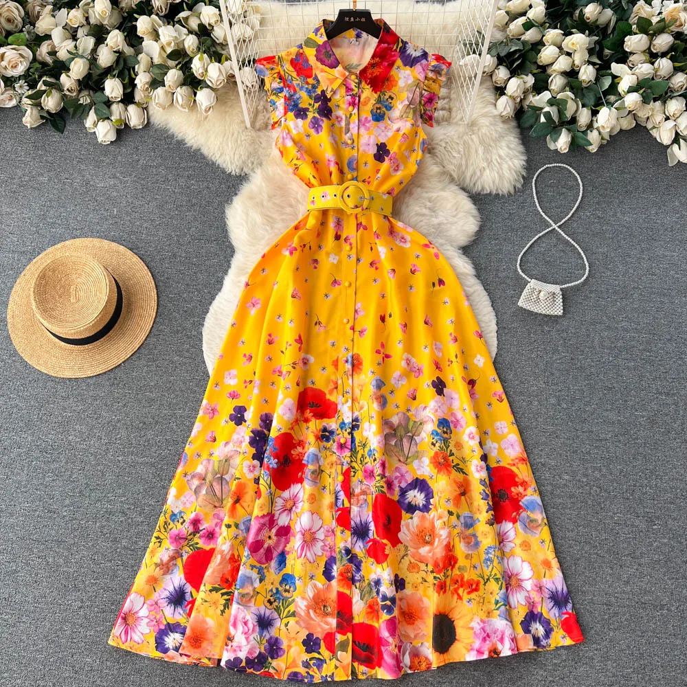 Summer Holiday Runway Maxi Dress Women's Sleeveless Ruffles Single Breasted High Waist Belt Floral Print Long Party Vestidos