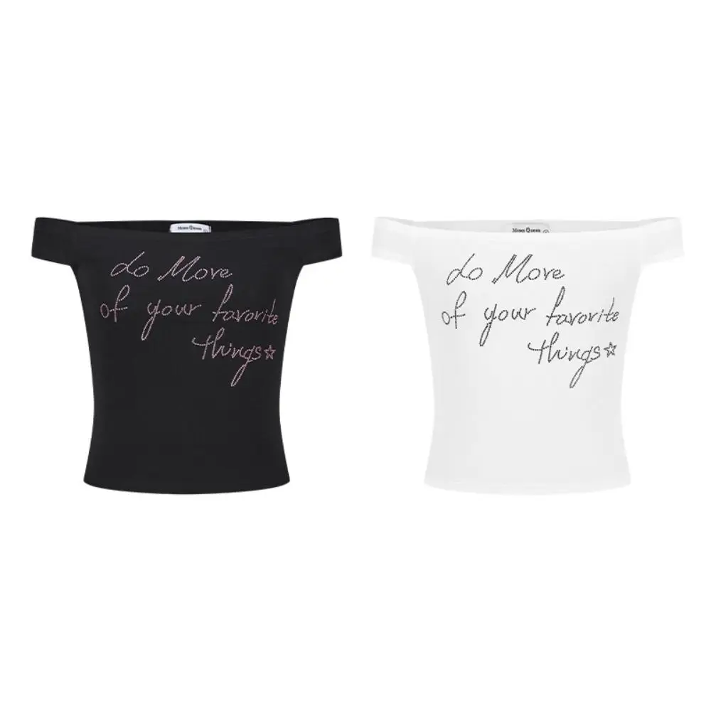 Top corto Retro Ins con hombros descubiertos, camiseta ajustada con diamantes de imitación, ropa femenina, camisa de fondo para mujer, verano