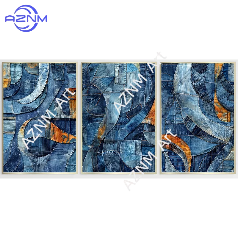 1/3Pcs Denim Decor Abstract Wall Art, Blue Jeans Cowgirl Triptych Canvas, Western Cowboy Retro Room Poster, Denim Fabric