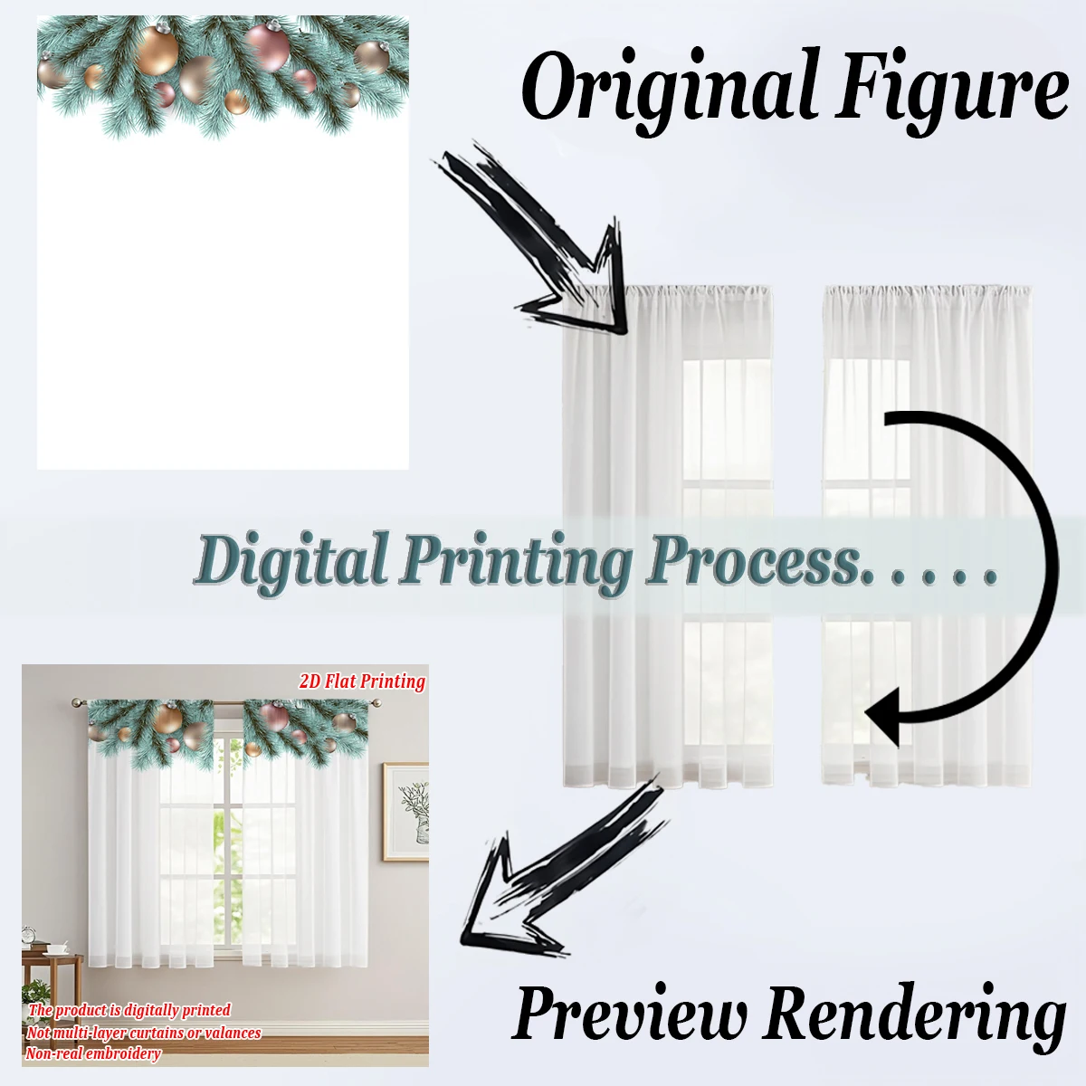クリスマス柄のキッチン用シアーカーテン、メリークリスマスのボールと松の枝のモチーフ、クリスマスの家の装飾やパーティーに