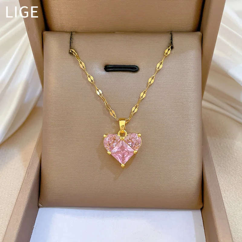 

18K Gold Plated Pink Heart Crystal Pendant Necklace for Women Zircon Titanium Steel Gold Color Luxury Weeding Love Couple Gift