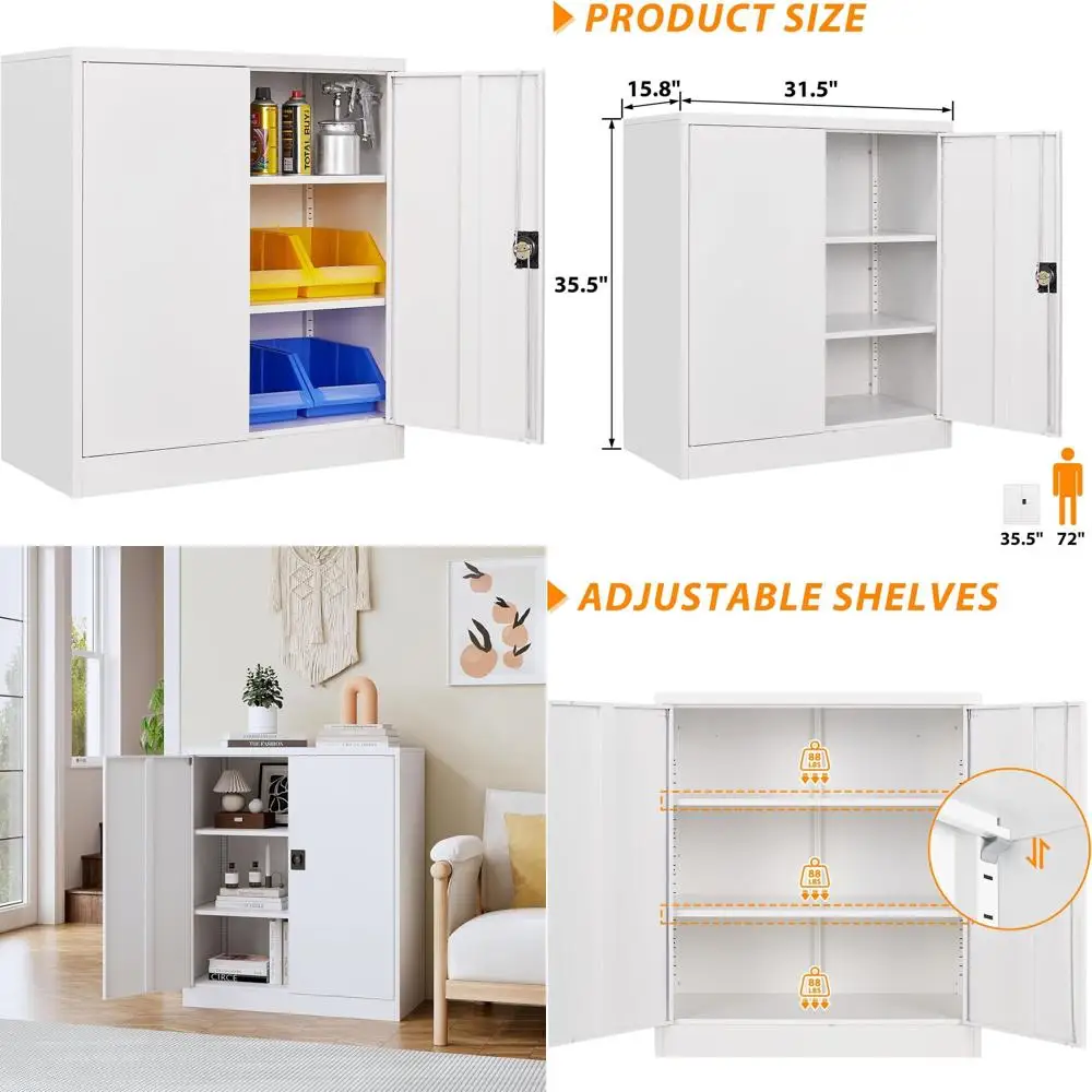 

White Metal Lockable Storage Cabinet with 2 Doors and Shelves for Home or Office Use