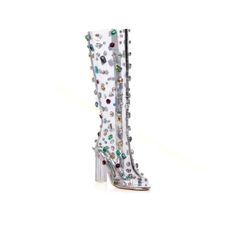 Peep Toe Clear PVC Crystal Sandal Boots Solid Side Zipper Chunky High Heels Women Summer Boots Fashion Shoes Zapatillas Mujer