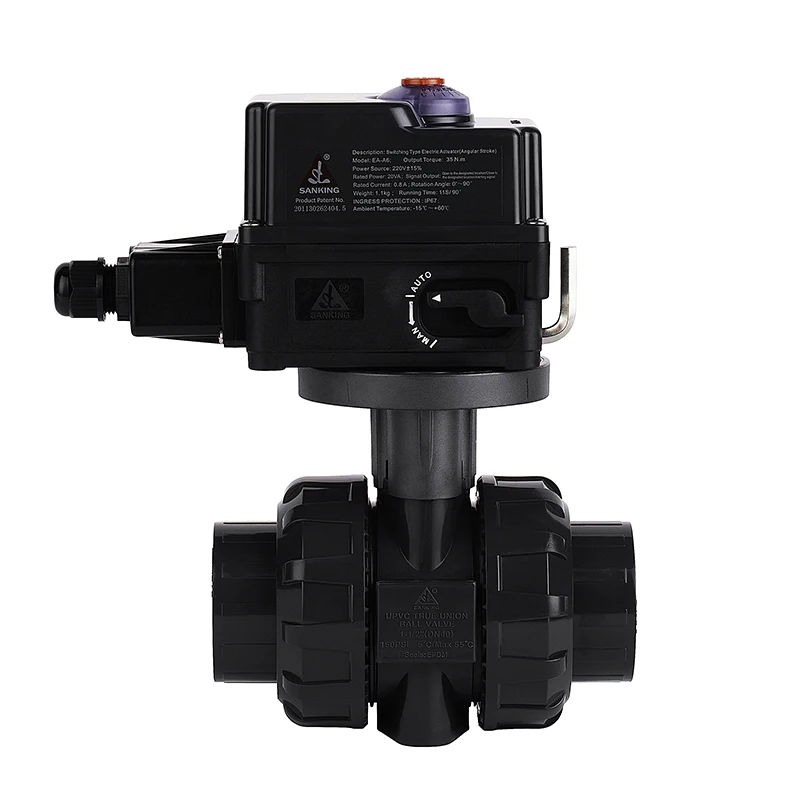 Sanking 3 4 inch PVC Double Union Motorized Plastic 2 way Ball Valve with Electric Actuator