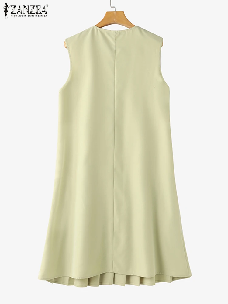 ZANZEA Fashion Pleating Buttons Mini Robe Women Solid Tank Sundress 2024 Summer Sleeveless Dress Casual Loose Beach O-Neck Dress