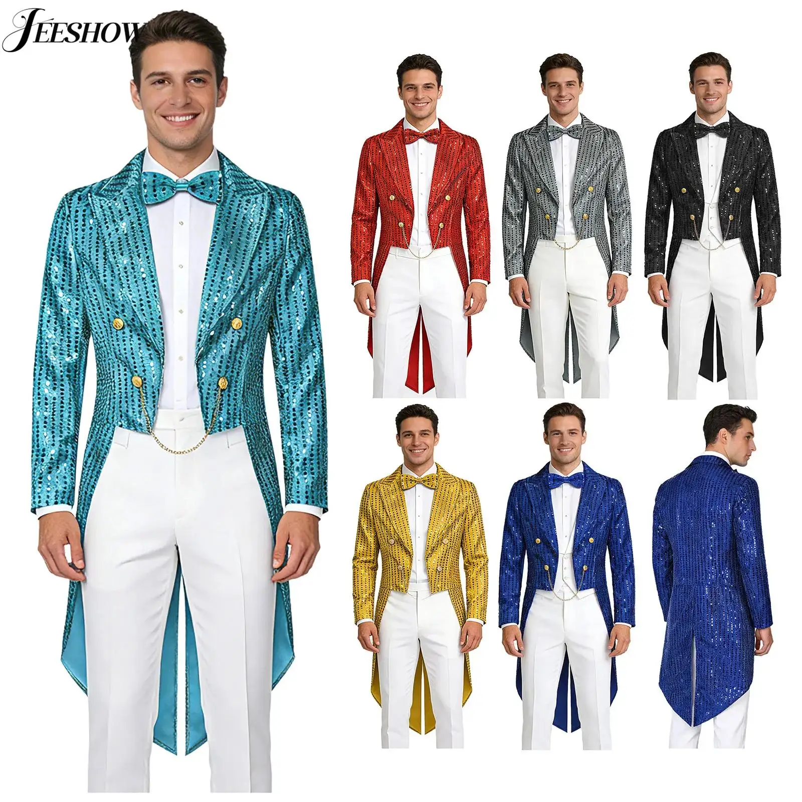 

Mens Renaissance Medieval Costume Vintage Shiny Sequin Open Front Long Sleeve Tailcoat Jacket Vampire Swallowtail with Bowtie