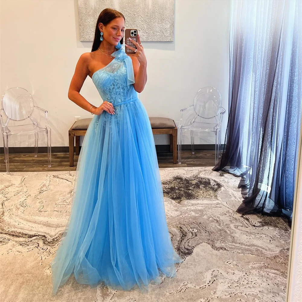 

One Shoulder 3D Floral Tulle Prom Dresses Lace Appliques Sheer Corset Sleeveless Evening Gowns A-line Long Ball Gowns for Women