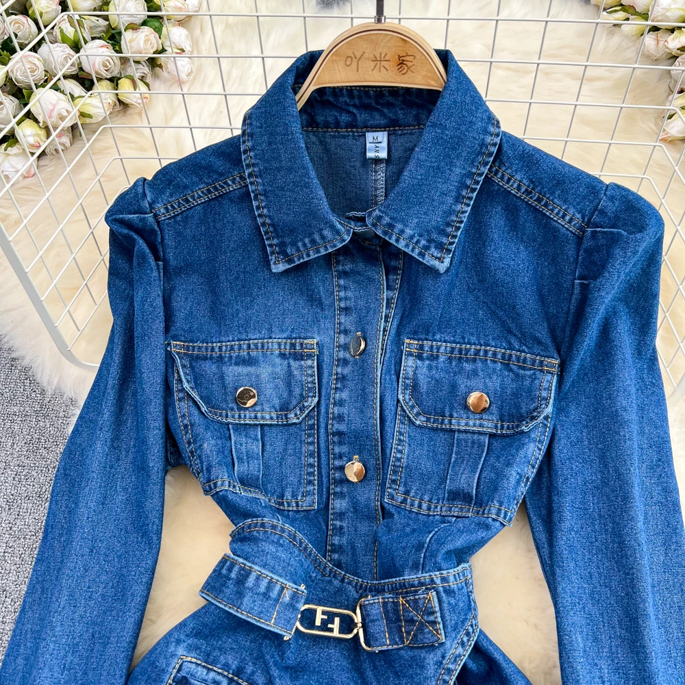 2023 Spring Autumn Korean Style Women Denim Dress Fashionable Long Sleeve Single Breasted Slim A-Line Mini Ladies Dress