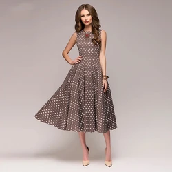 Vintage Dress Sleeveless O-neck Vestidos Women Elegant Thin Dot Printing Mid-Calf Casual Dress Female 2023 Summer New