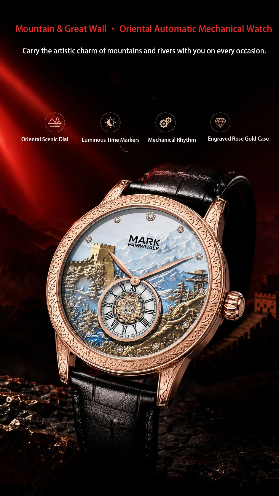 Men's Automatic Great Wall Mechanical Watch Luminous Skeleton Two Hands Small Second Sub Dial 30M Water Resistant 43MM Large Dia