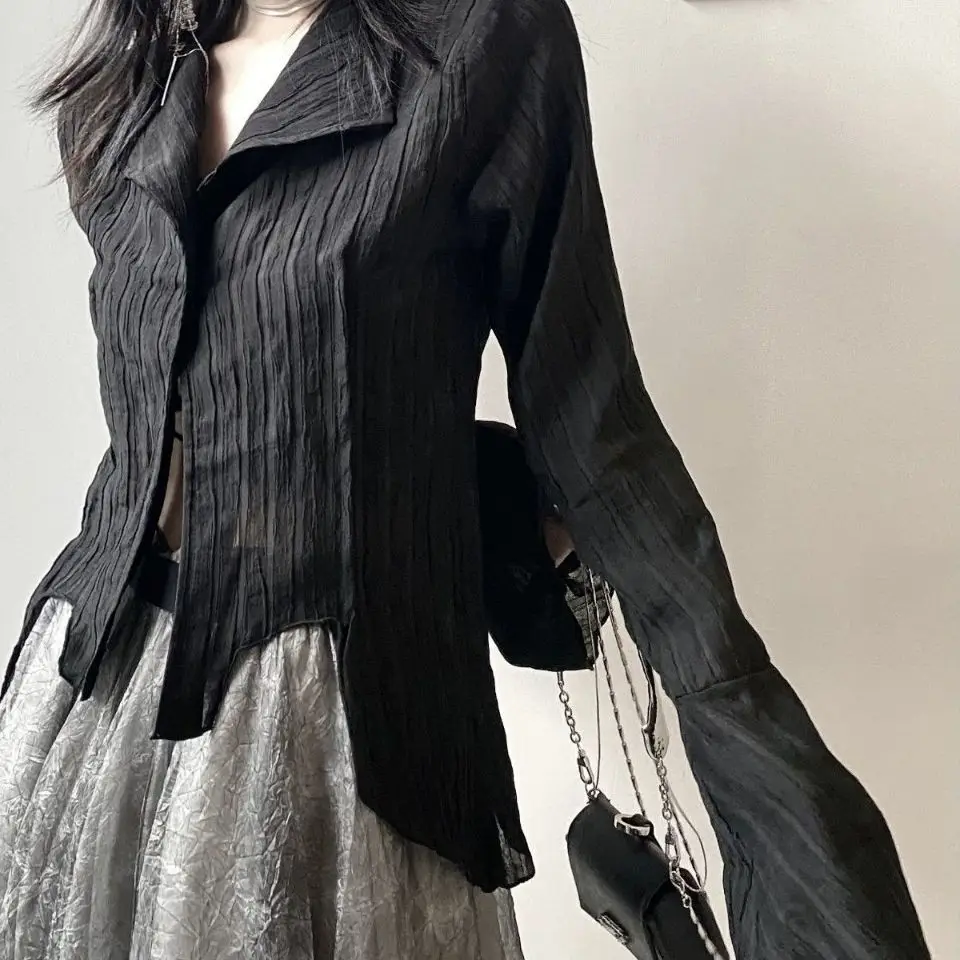 Black Shirts for Women Pleated Button Up Blouse Gothic Style Slim Long Sleeve Top Fashion Vintage Y2k Female Clothes Plus Size