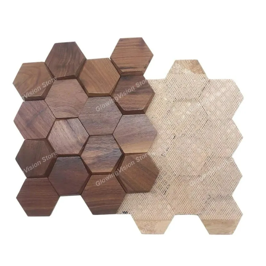 3d Wood Wall Mosaic Tile Black Walnut Modern Hexagon Wooden Panel Wall Stickers for Home Office Background Bedroom Decoration