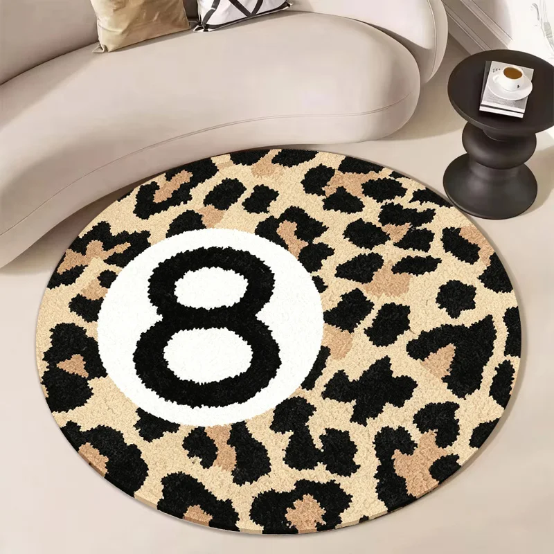 VIKAMA Round Area Rug Leopard Print Number 8 Design Non‑Slip Soft Floor Mat for Living Room Bedroom Home Decor