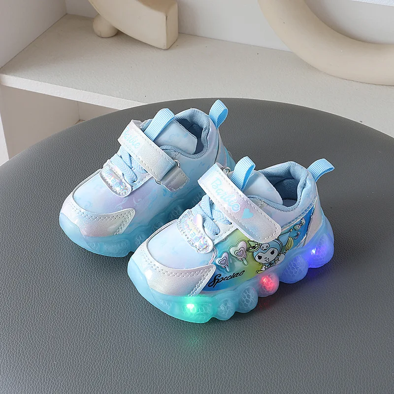 Girls Cartoon Kuromi LED Light Sports Shoes 2024 New Children\'s Anti Slip Soft Sole Cute Princess Casual Shoes Luminous Shoes