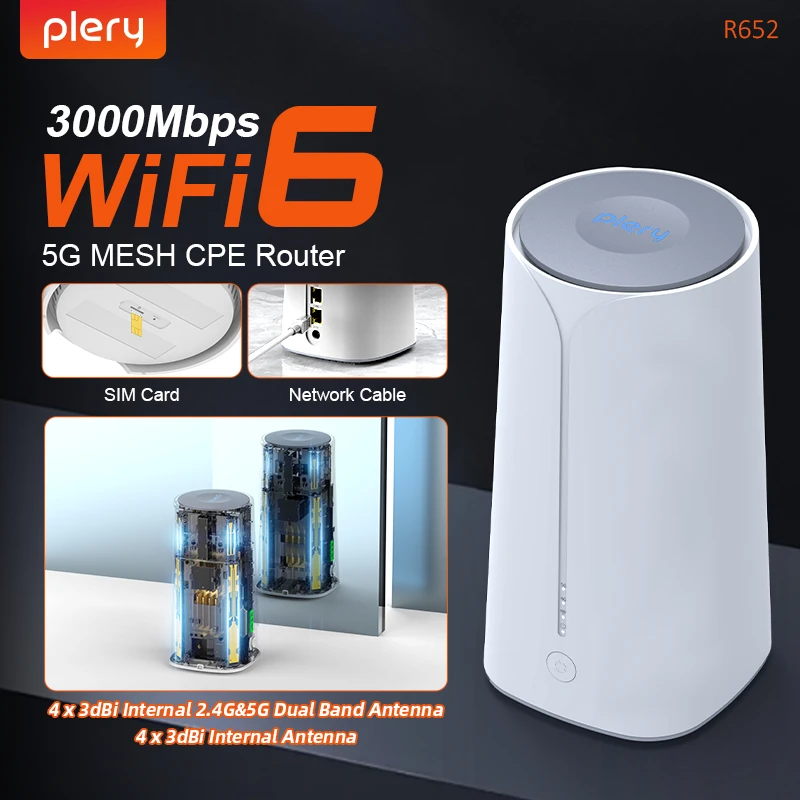 Plery 5G LTE Router 3000Mbps داخلي CPE مع بطاقة SIM الاتحاد الأوروبي التوصيل WiFi 6 MESH راوتر 5G راوتر NSA + SA 8 × 3 dBi 2.5Gbps WAN 4 × 4 MIMO