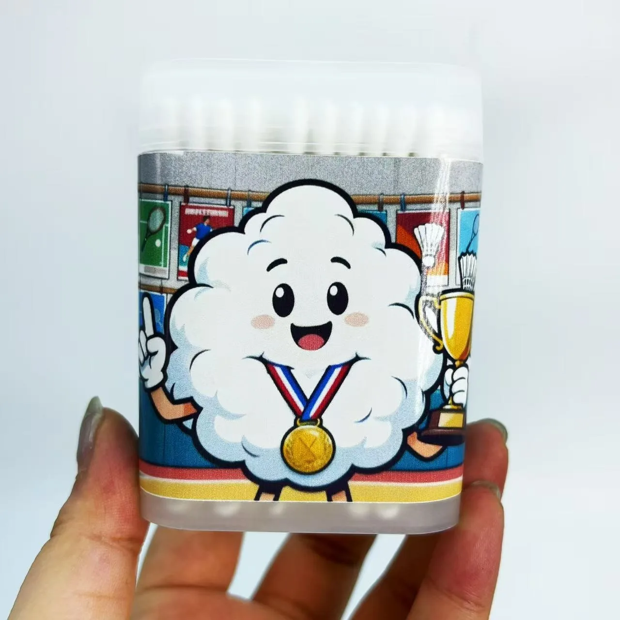 300 Uds hisopos de algodón blancos de doble punta con temática de bádminton, cuchara redonda creativa elemento deportivo de bádminton bastoncillos de hisopo de algodón