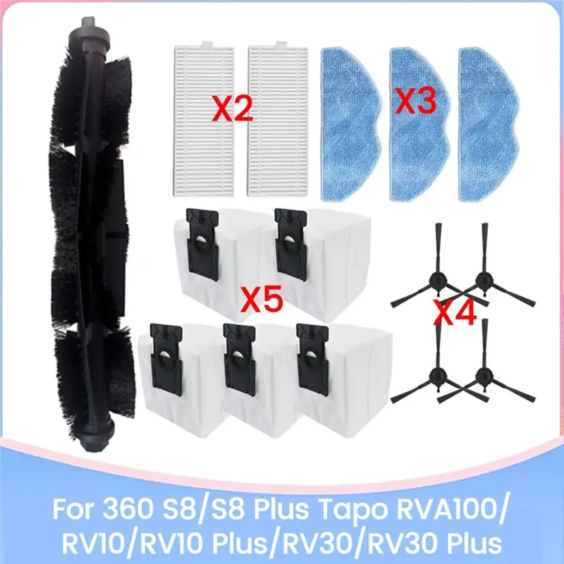 N85R-15PCS For 360 S8/S8 Plus Tapo RVA100/RV10/RV10 Plus/RV30/RV30 Plus Replacement Accessories Brush Filter Dust Bag Mop Cloth