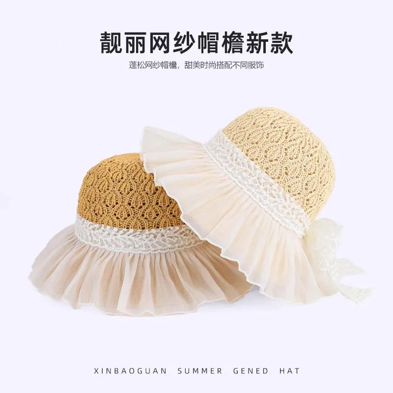 Summer Open-weave Breathable Straw Hat for Women Lace Bow Ribbons Boater Hat Outdoor Shopping Beach Vacation Sun Protection Hat
