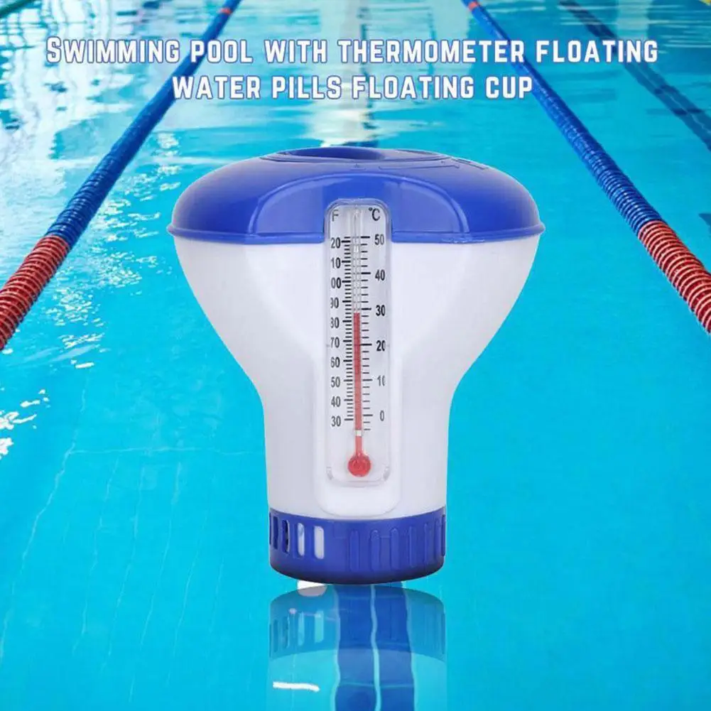 Dispensador flotante para piscina, productos químicos flotantes, tabletas de cloro y bromo, con termómetro