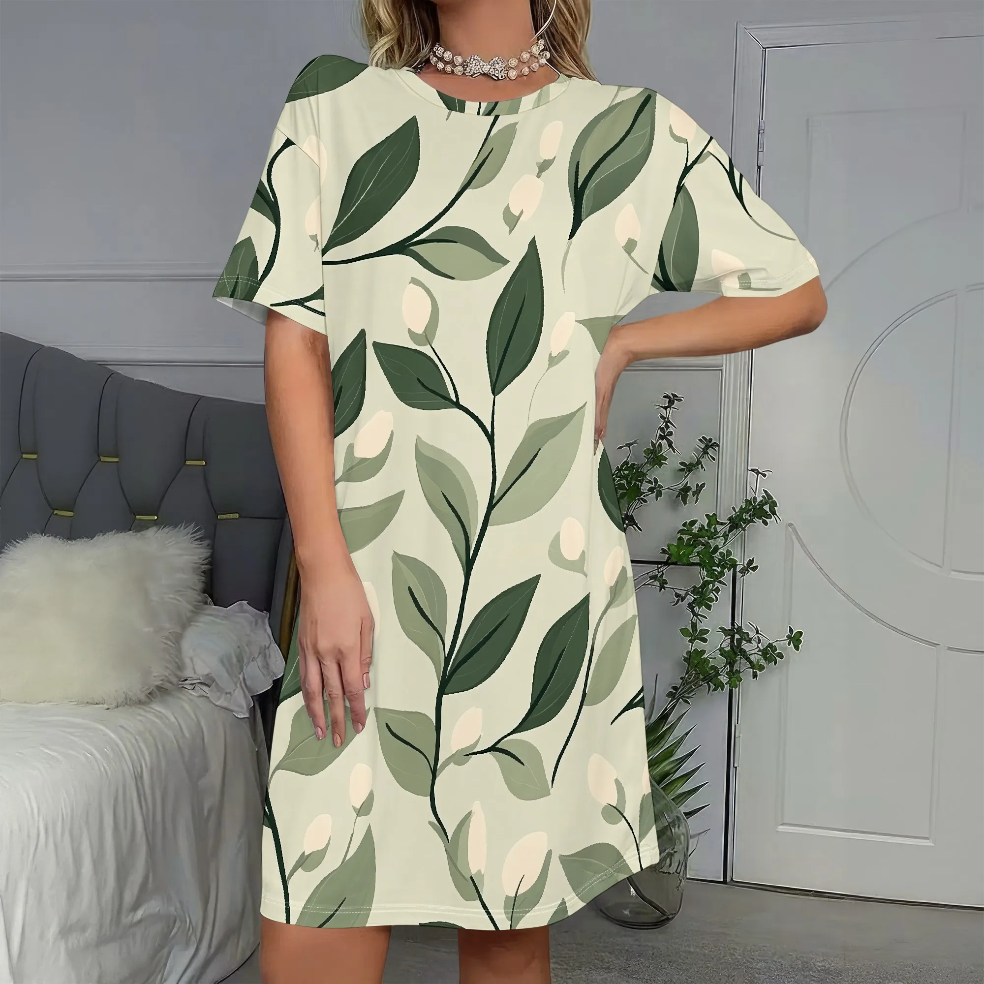 

Botanical Print, Short Sleeve Dress, Green Leaf Pattern, Casual Tunic Top, Summer Beachwear, S-2XL