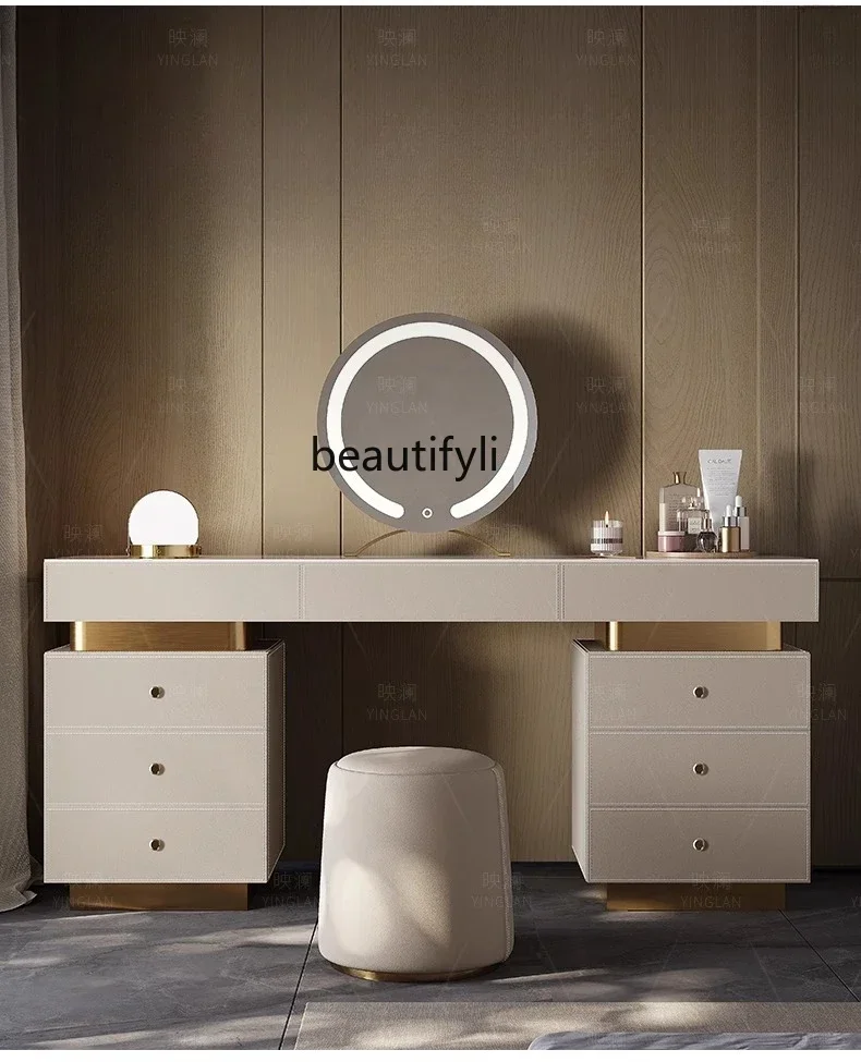 

46Light luxury makeup table master bedroom modern simple saddle leather high-end rock slab desk dresser integrated