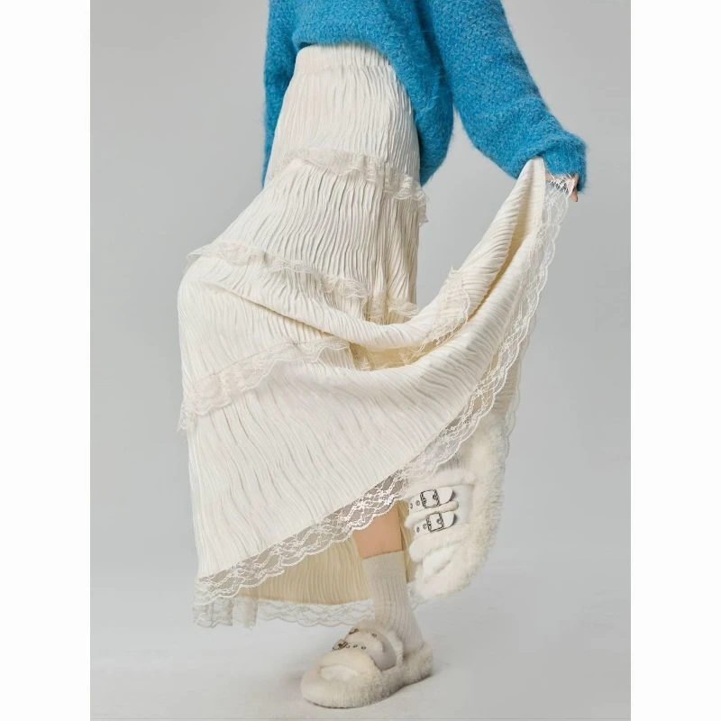 

Lace Patchwork Silk Skirt for Women, Gentle Autumn and Winter Style Fairy Cake Skirt, Elastic High Waisted A-line Long Skirt