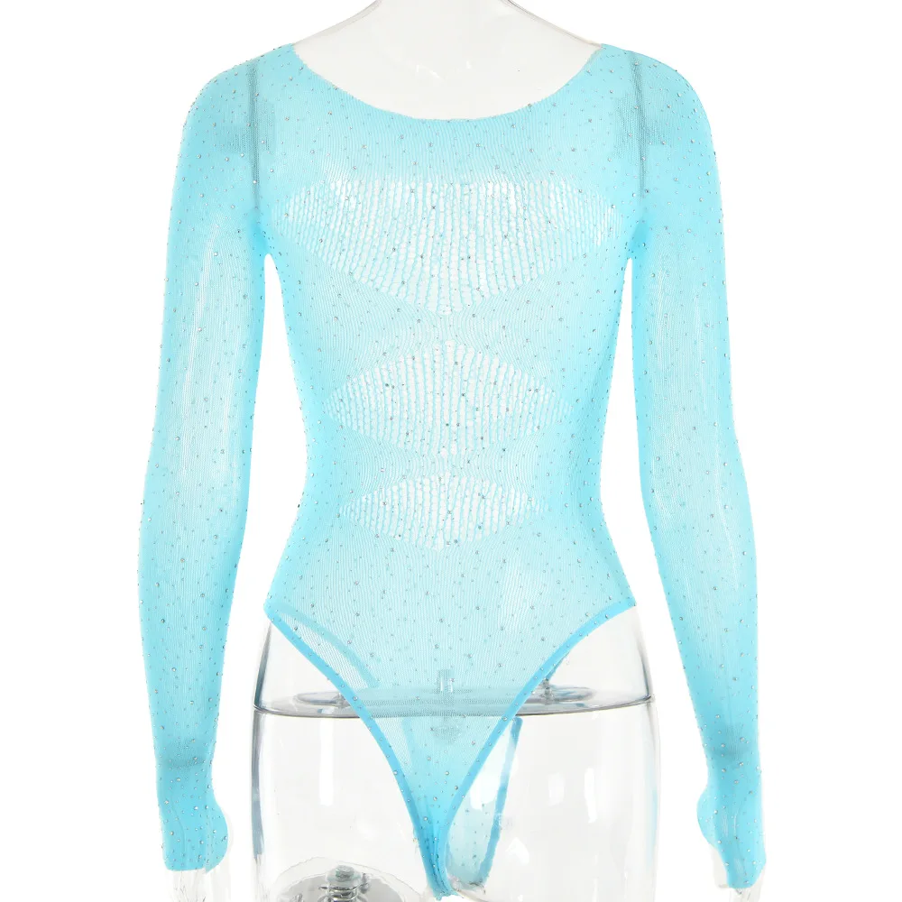 2025 ใหม่สตรีเซ็กซี่เผ็ดยืดสูงถัก SHEER แขนยาว Cutout Rhinestone Jumpsuit อินเทรนด์ Clubwear Bodycon One ชิ้น