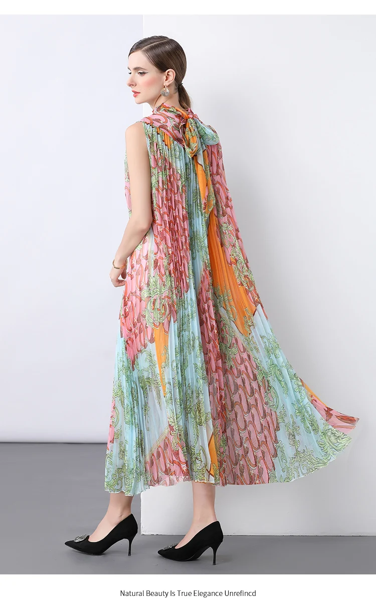Robe ethnique élégante en mousseline de soie fluide, imprimé Floral, col Semi-haut, sans manches, pour femmes, amincissante, plissée, été, 2025
