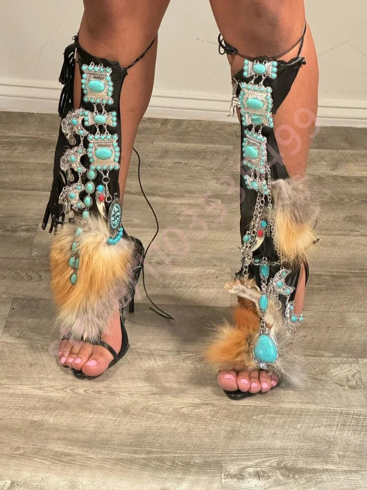 Sexy Women Turquoise Fur Wrap Sandals Summer New Fashion Luxury Catwalk Calf Boots 2025 Mixed Color Party Casual Open Stilettos view 4