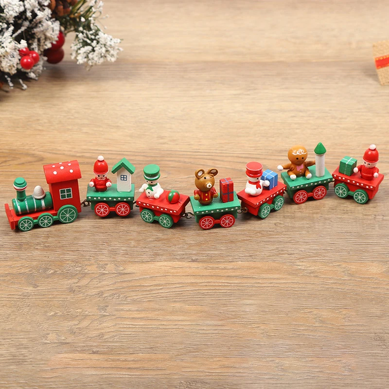 Wooden Train Christmas Decorations Four Sections Window Tabletop Ornament Mini Train Decor Set For Christmas Party