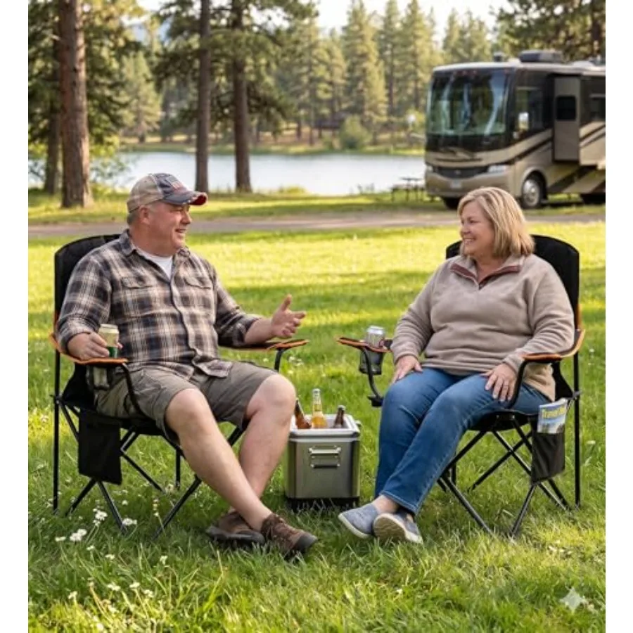 Oversized Padded Camping Chair 2 Pack 350 LBS Capacity Fully Padded Lawn Quad Chair with Side Pocket and Cup Holder, Heavy Duty