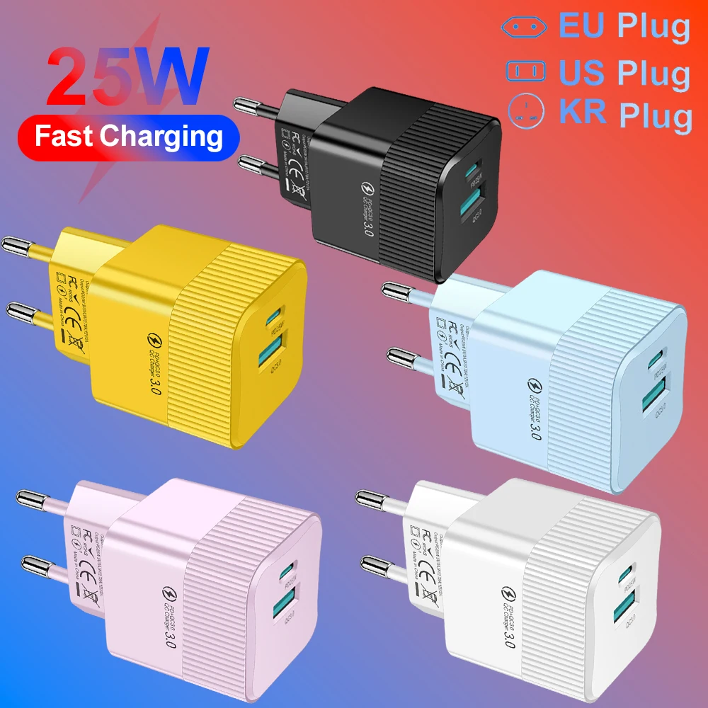 2 Ports PD 25W USB C Fast Charger KR EU US Mini Travel Plug Phone Fast Charging Adapter for iPhone 15 Pro Max Xiaomi 14 Oneplus