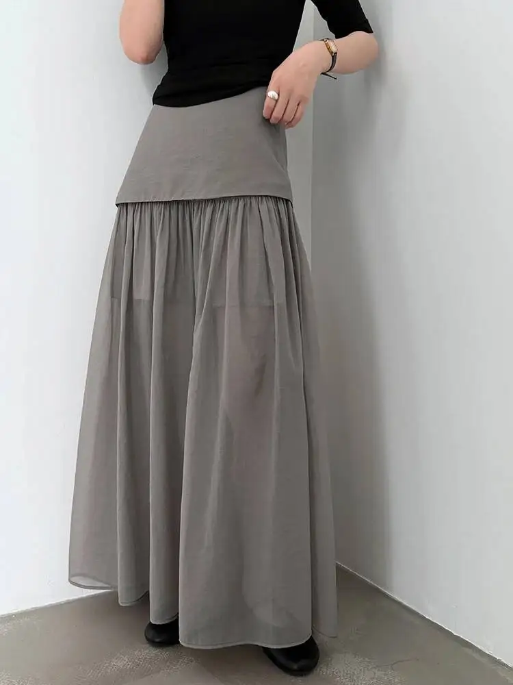 

High Waist Gray Mesh Spliced Elegant Long A-line Half-body Skirt Women Fashion Tide New Spring Autumn