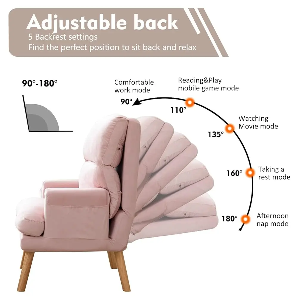 Modern Accent Chair With Ottoman, Soft Fabric Armchair With Adjustable Backrest And Side Pockets, Comfy Lounge Chair For Living